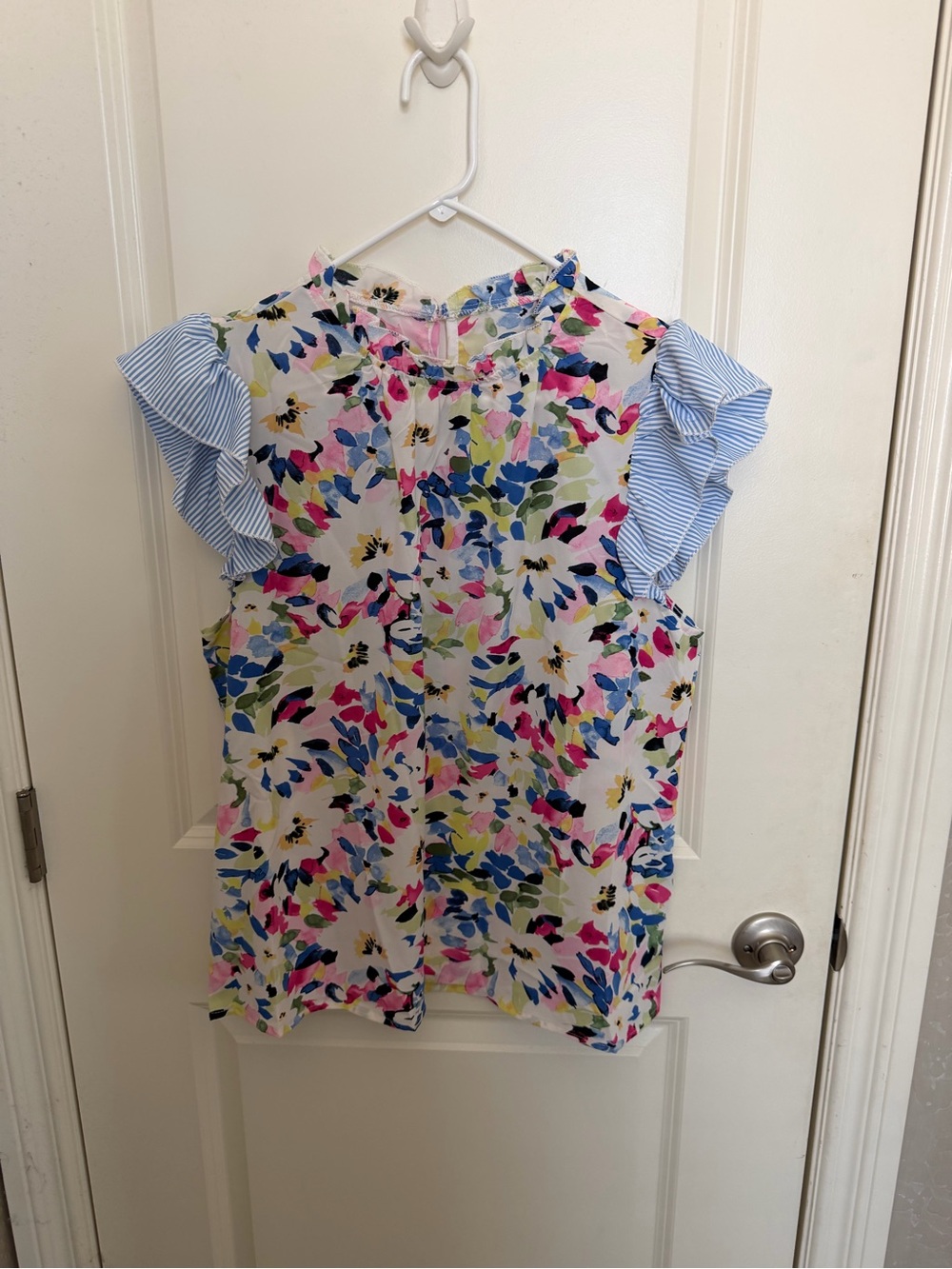 SHEIN White Floral Print Ruffle Sleeve Top - Blue Stripe